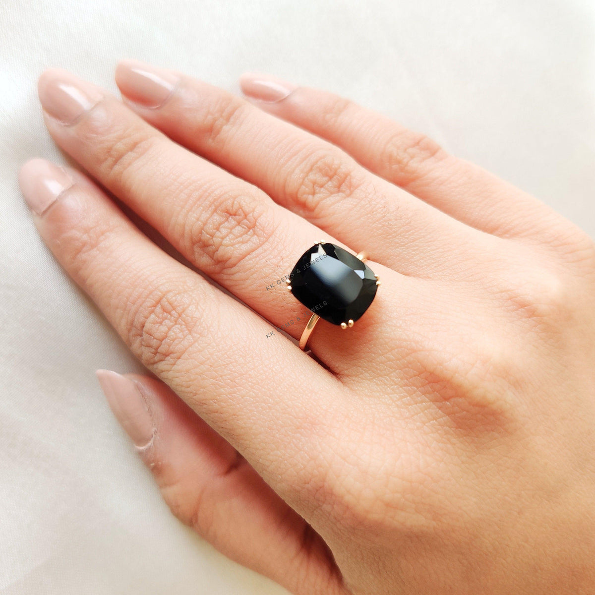 Natural Black Onyx Ring, 14K Solid Yellow Gold, Cushion Cut Gemstone
