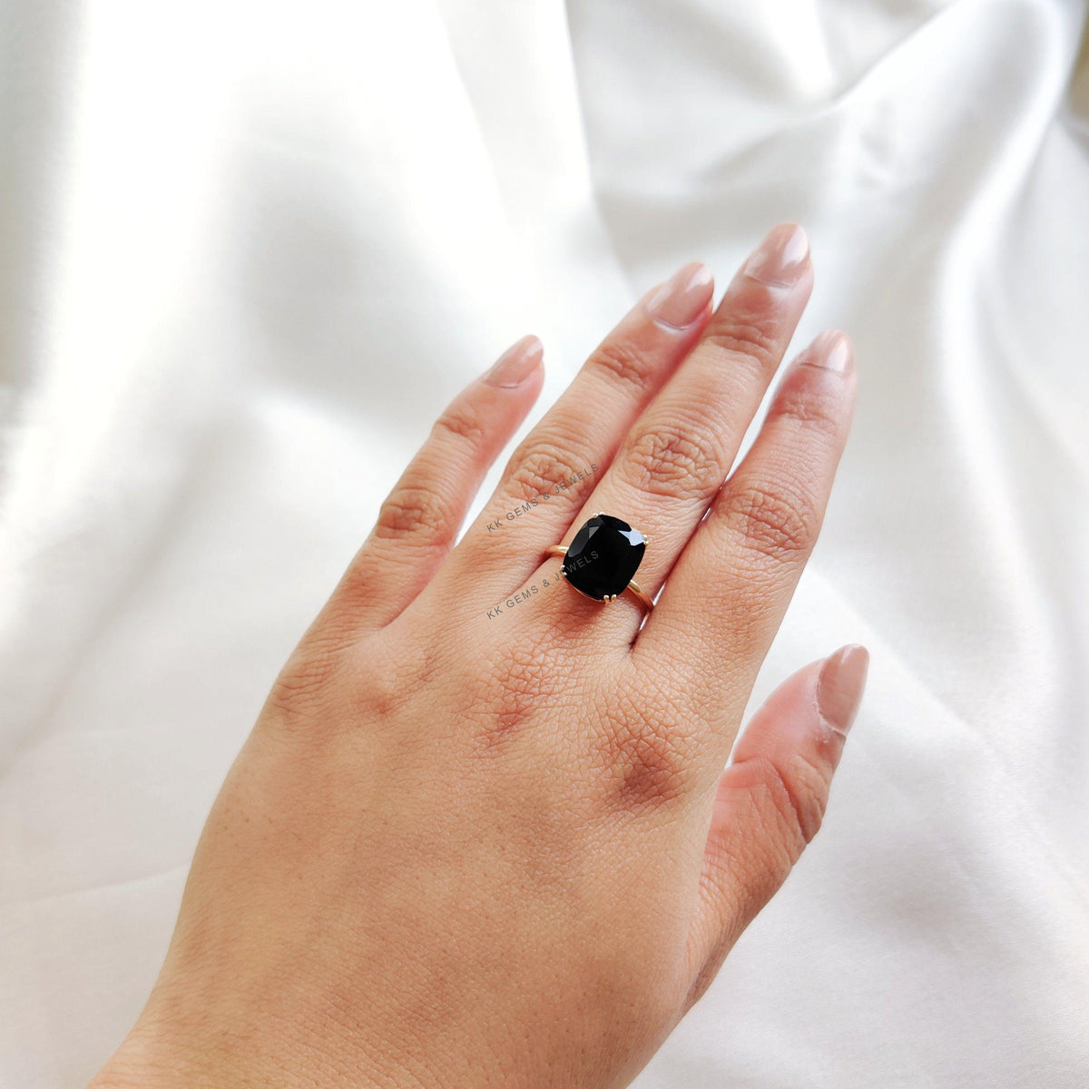 Natural Black Onyx Ring, 14K Solid Yellow Gold, Cushion Cut Gemstone