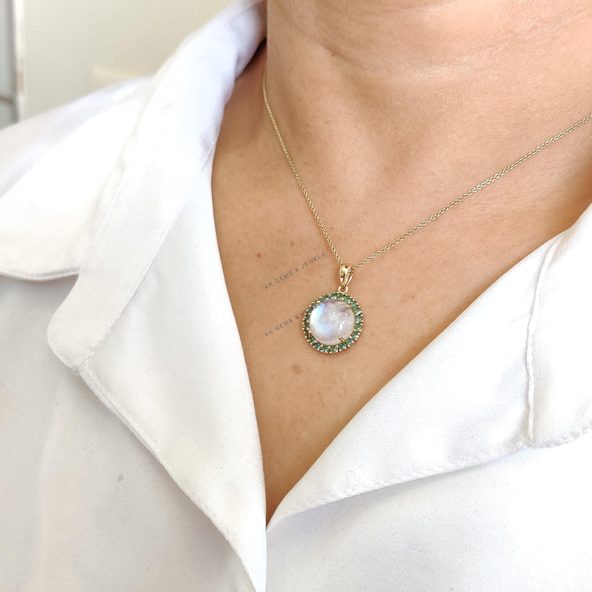 Natural Rainbow Moonstone & Emerald Halo Pendant, 14K Solid Yellow Gold, June May Birthstone