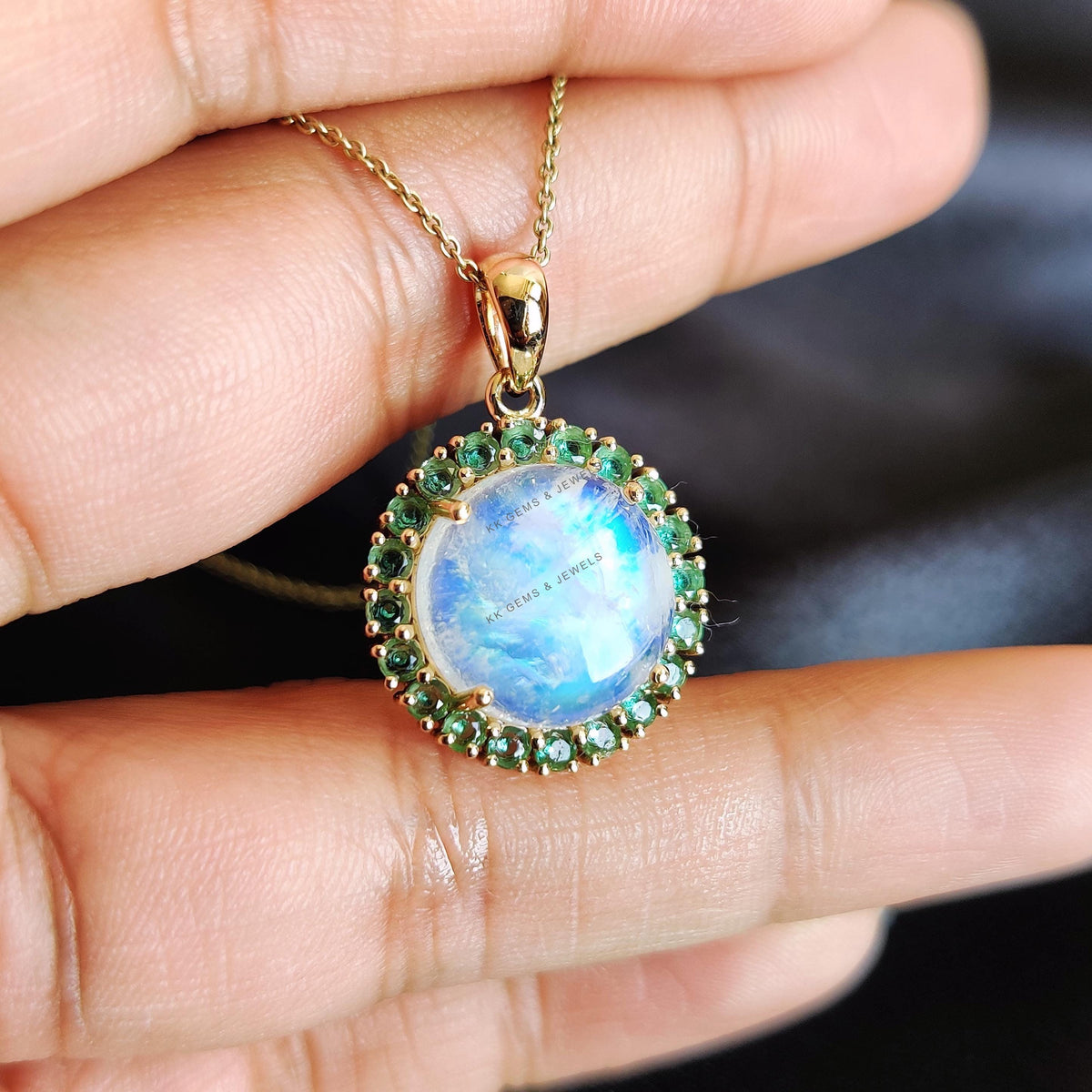 Natural Rainbow Moonstone & Emerald Halo Pendant, 14K Solid Yellow Gold, June May Birthstone