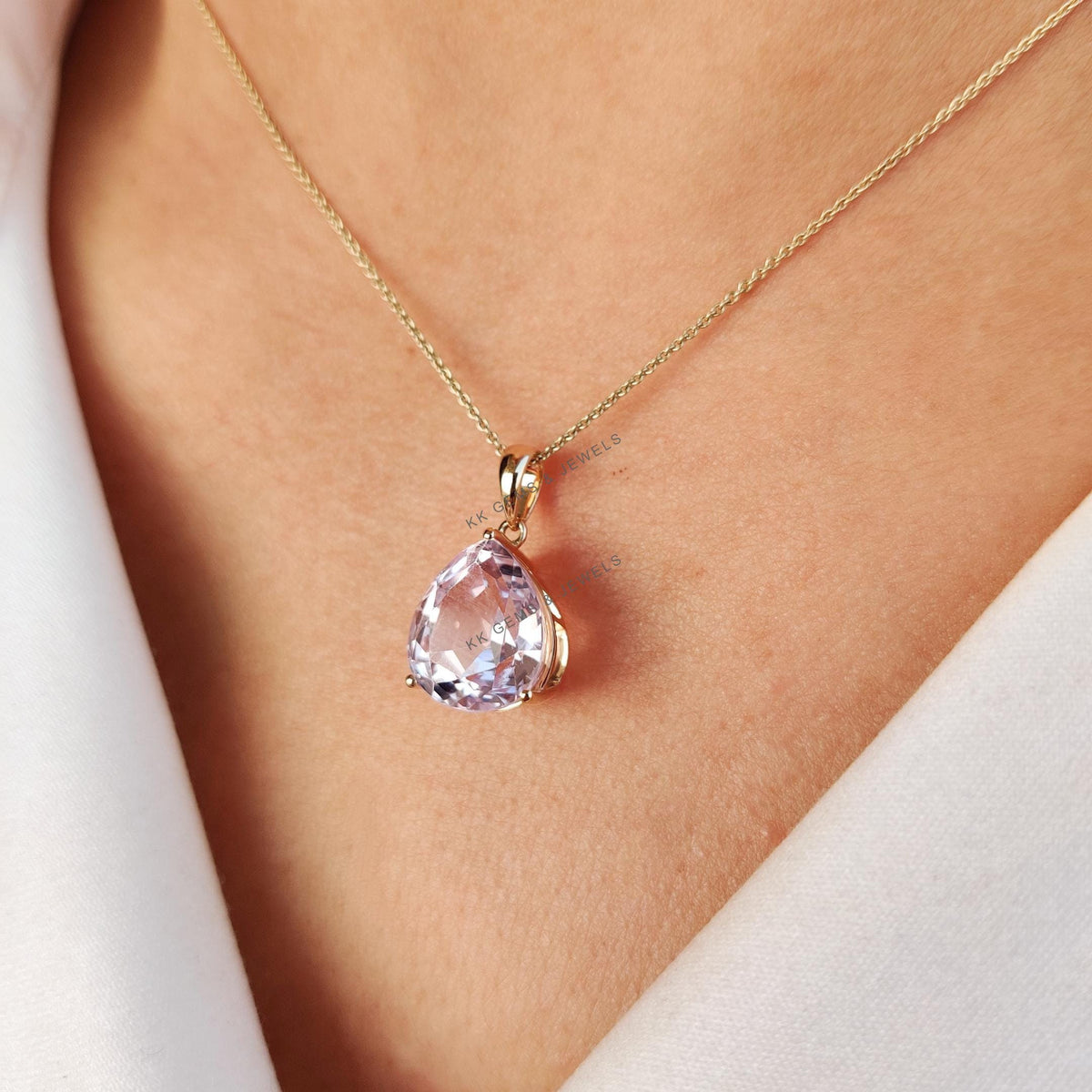 14K Solid Yellow Gold Natural Kunzite Pendant, Pear Cut Gemstone, February Birthstone