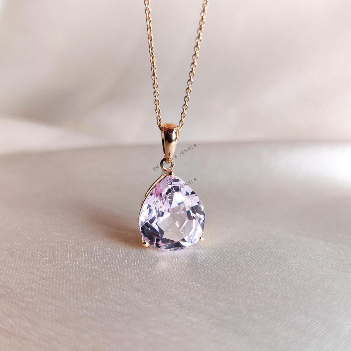 14K Solid Yellow Gold Natural Kunzite Pendant, Pear Cut Gemstone, February Birthstone