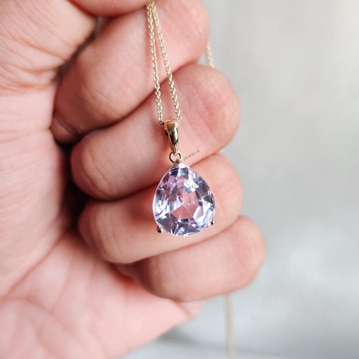 14K Solid Yellow Gold Natural Kunzite Pendant, Pear Cut Gemstone, February Birthstone