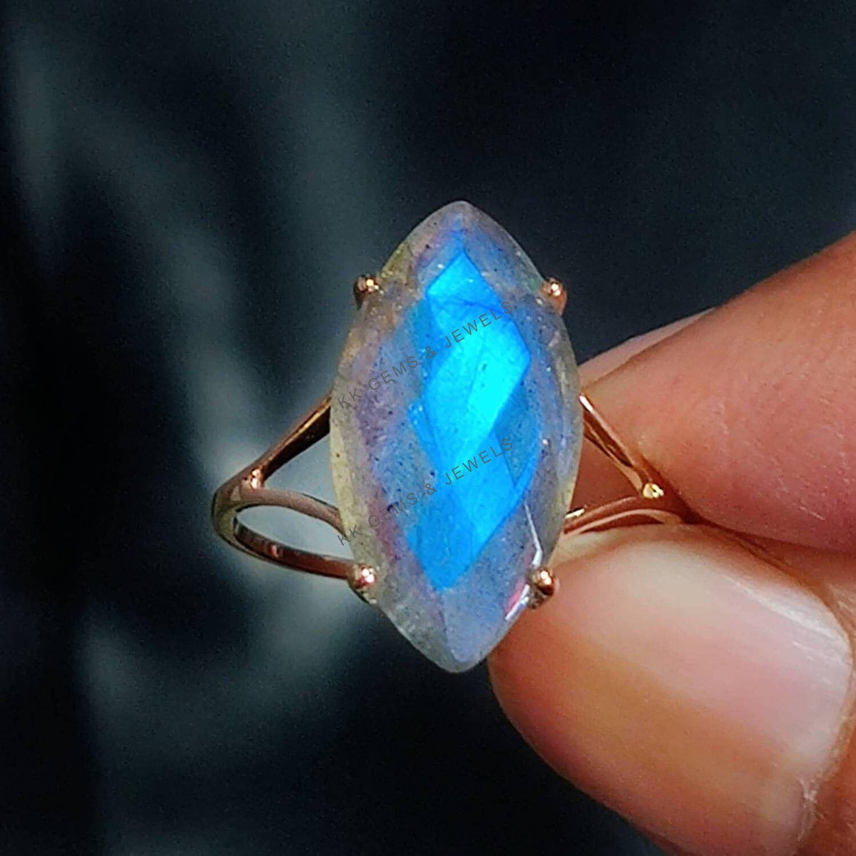 14K Solid Gold Natural Labradorite Ring, Marquise Prong Setting, August Birthstone