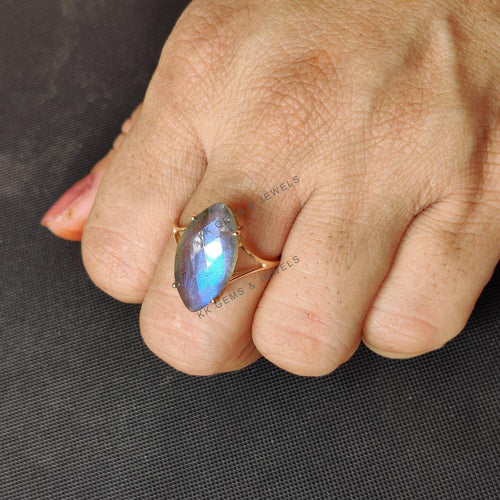 14K Solid Gold Natural Labradorite Ring, Marquise Prong Setting, August Birthstone