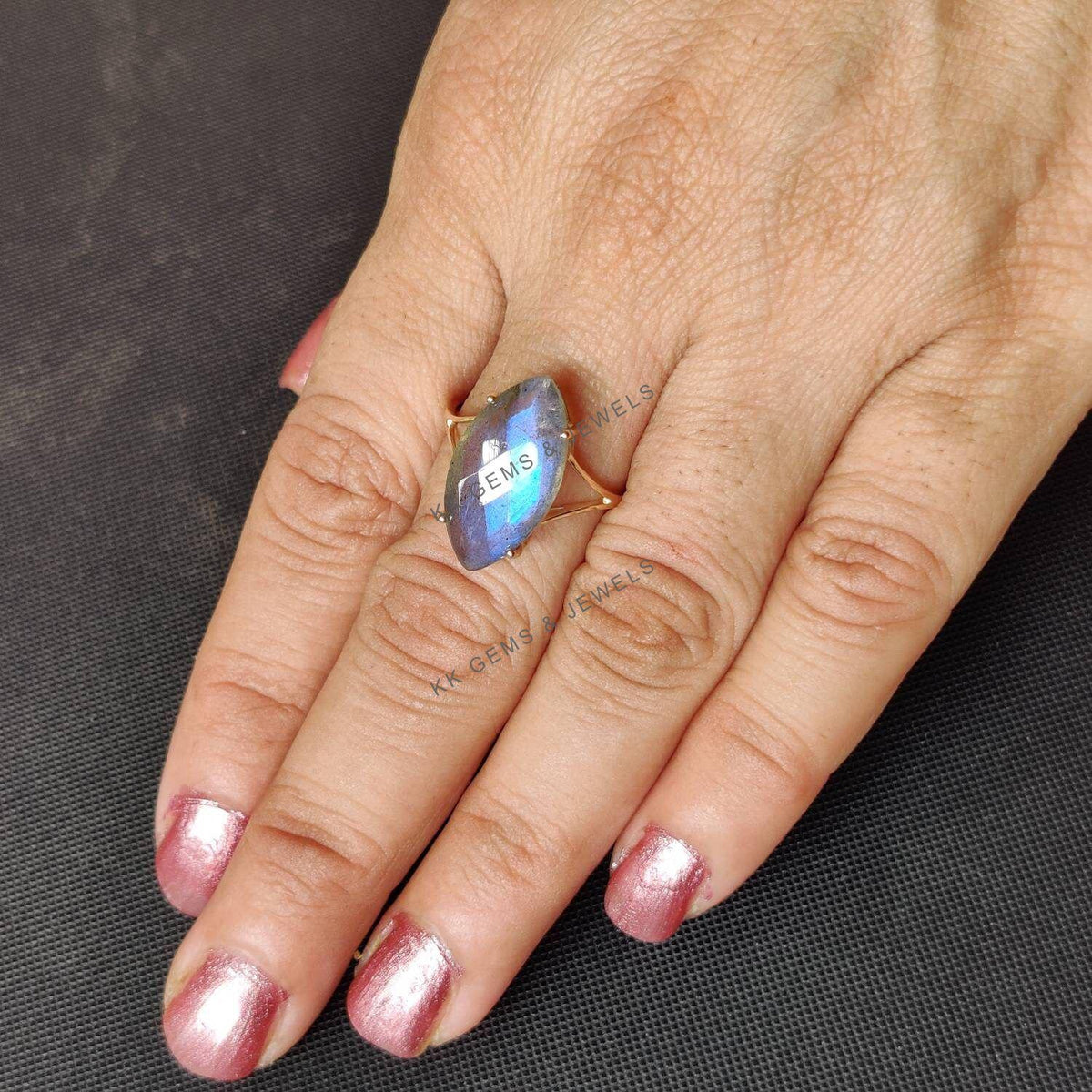 14K Solid Gold Natural Labradorite Ring, Marquise Prong Setting, August Birthstone