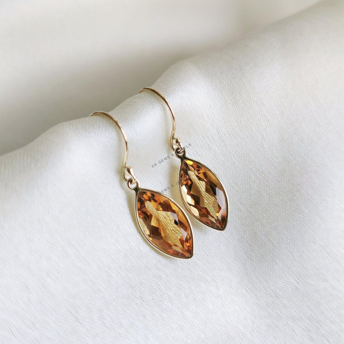 Natural Citrine Earrings, 14K Solid Yellow Gold Bezel Drop Earrings, November Birthstone