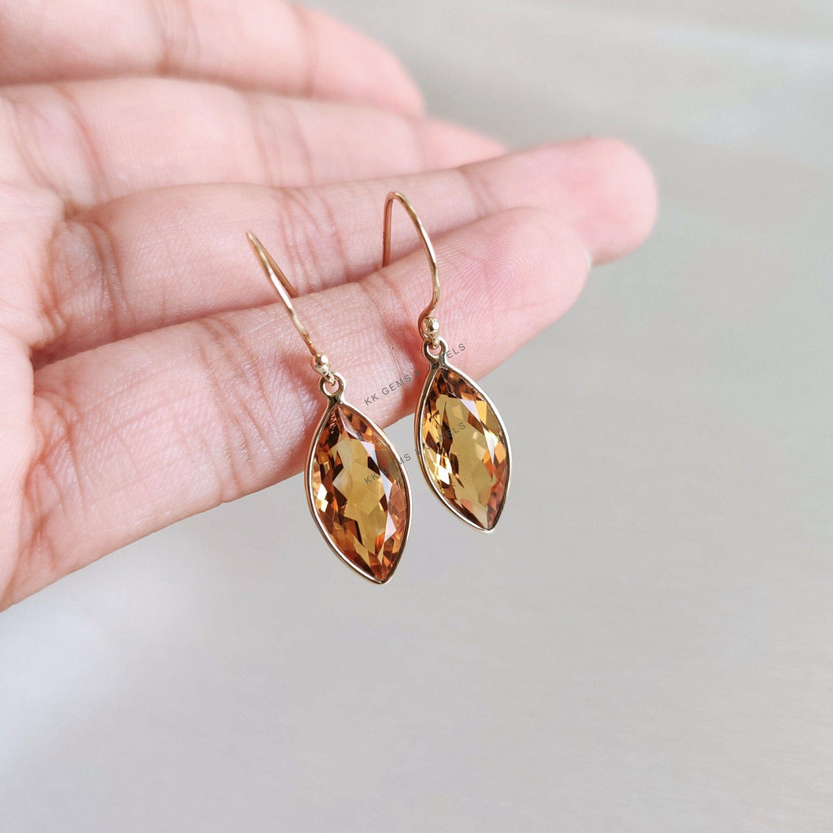 Natural Citrine Earrings, 14K Solid Yellow Gold Bezel Drop Earrings, November Birthstone