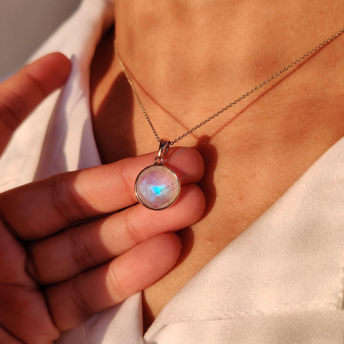 14K Solid Gold Natural Rainbow Moonstone Pendant, Round Briolette, June Birthstone