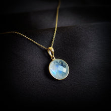 14K Solid Gold Natural Rainbow Moonstone Pendant, Round Briolette, June Birthstone