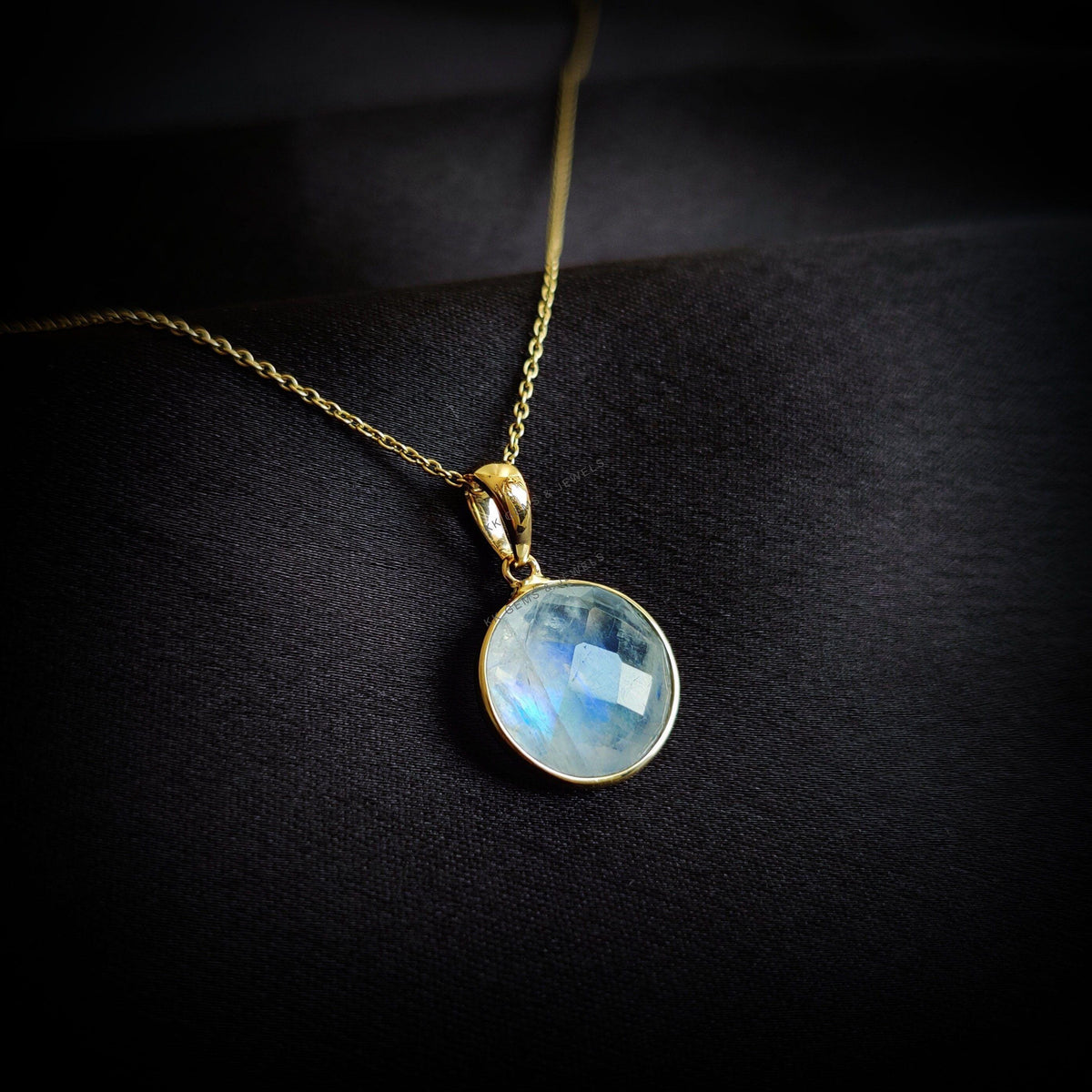 14K Solid Gold Natural Rainbow Moonstone Pendant, Round Briolette, June Birthstone