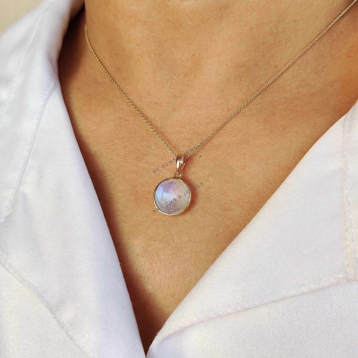 14K Solid Gold Natural Rainbow Moonstone Pendant, Round Briolette, June Birthstone