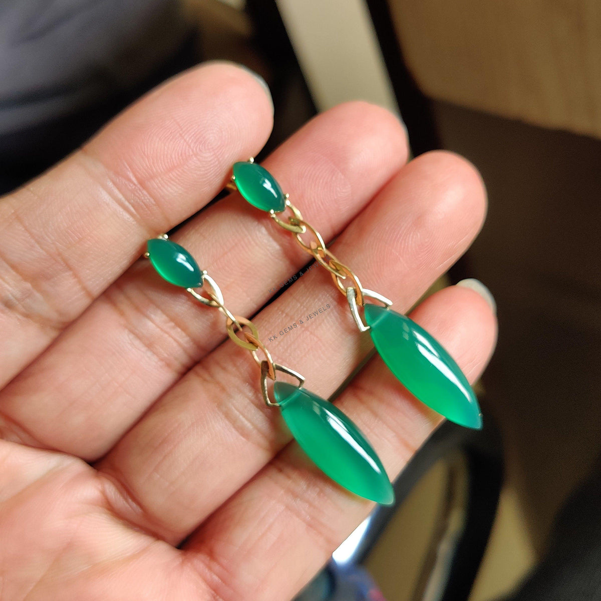 14K Solid Yellow Gold Natural Green Onyx Dangle Earrings: May Birthstone