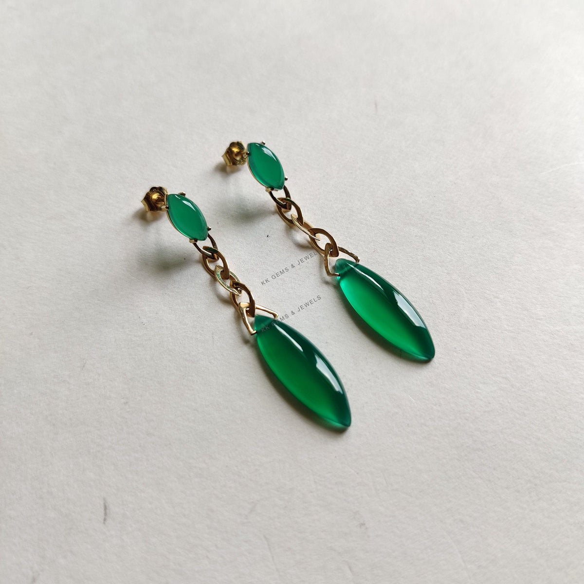 14K Solid Yellow Gold Natural Green Onyx Dangle Earrings: May Birthstone