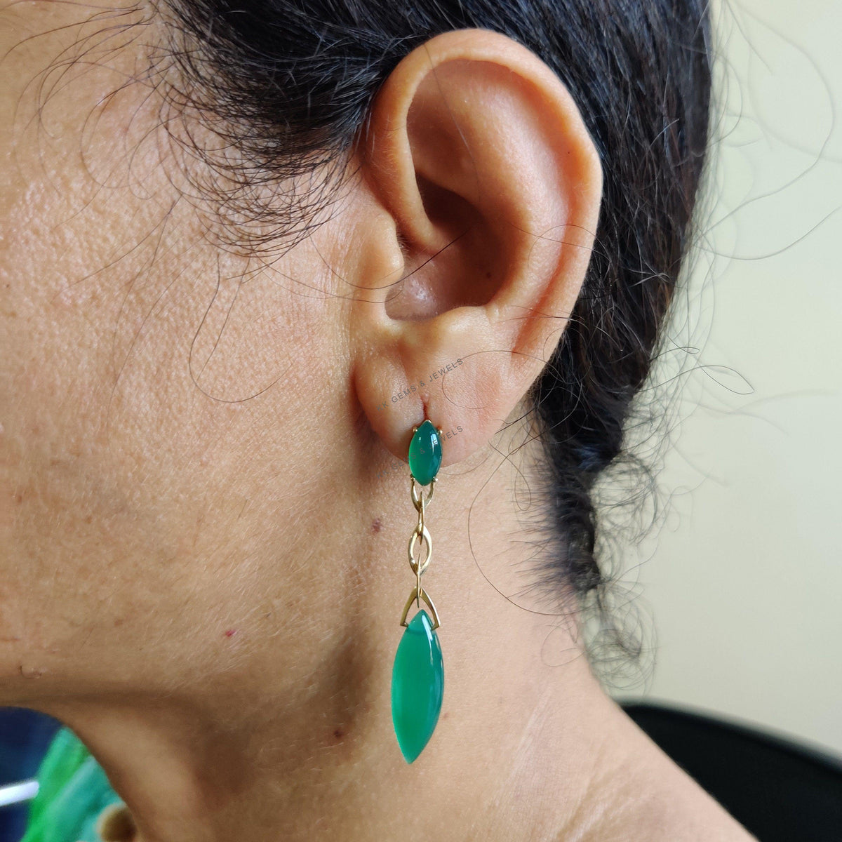 14K Solid Yellow Gold Natural Green Onyx Dangle Earrings: May Birthstone