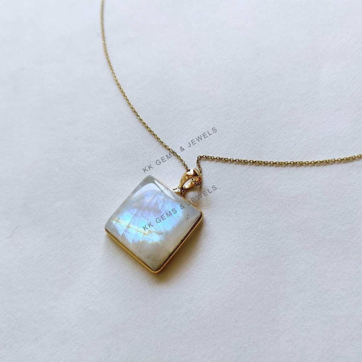 Natural Rainbow Moonstone Pendant, 14K Solid Yellow Gold, June Birthstone