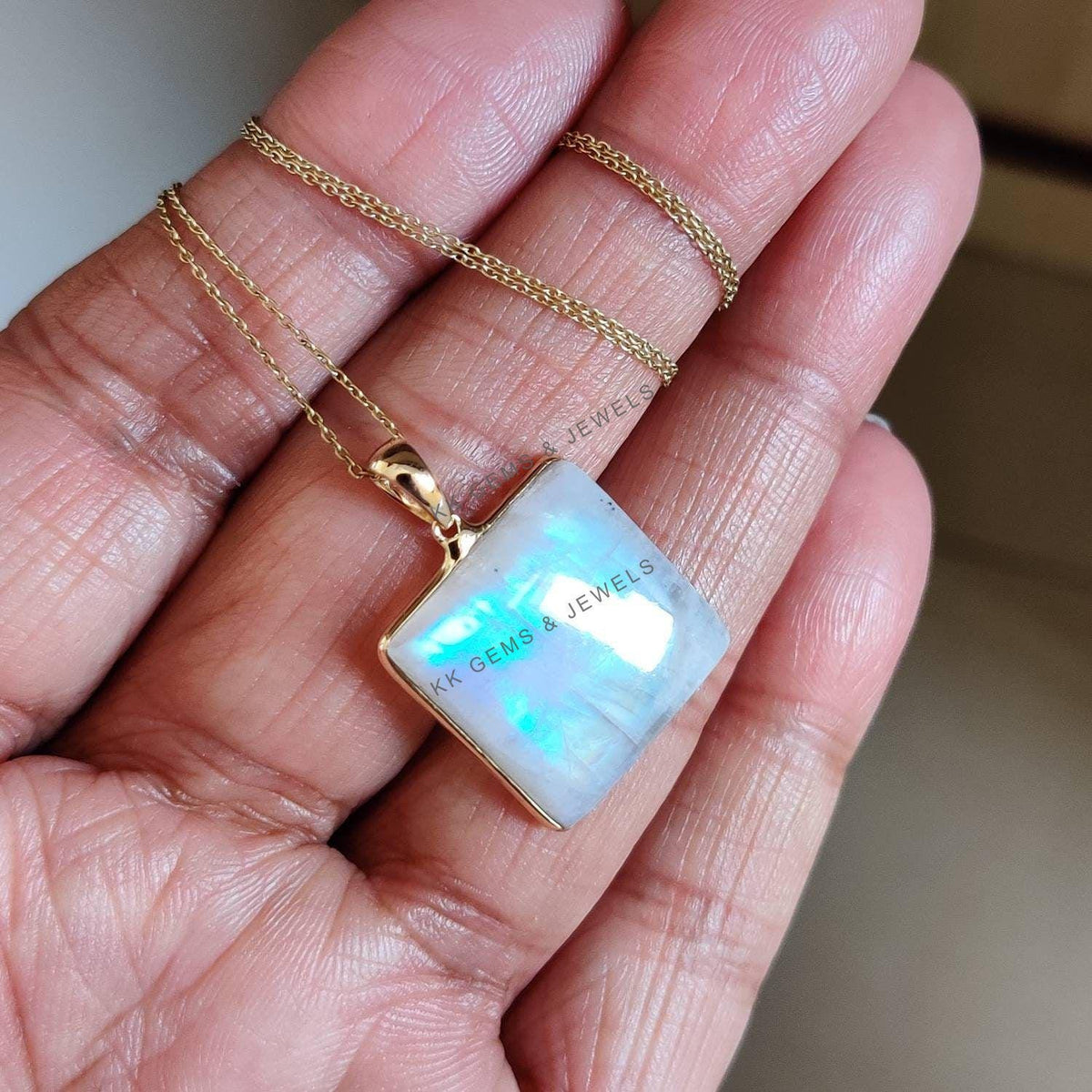 Natural Rainbow Moonstone Pendant, 14K Solid Yellow Gold, June Birthstone