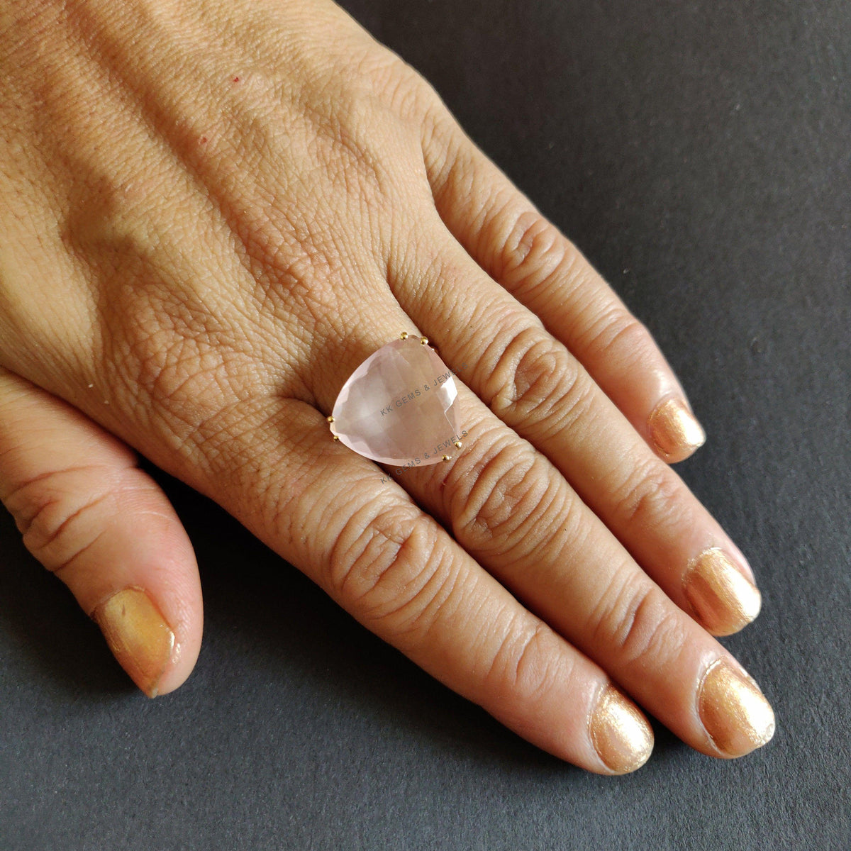 14K Solid Gold Natural Rose Quartz Ring: Trillion Gemstone, January Birthstone