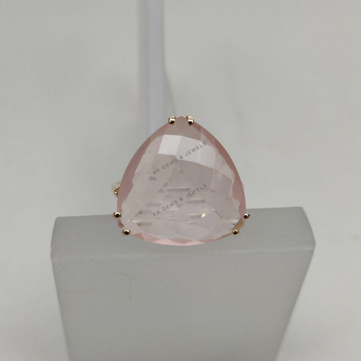 14K Solid Gold Natural Rose Quartz Ring: Trillion Gemstone, January Birthstone