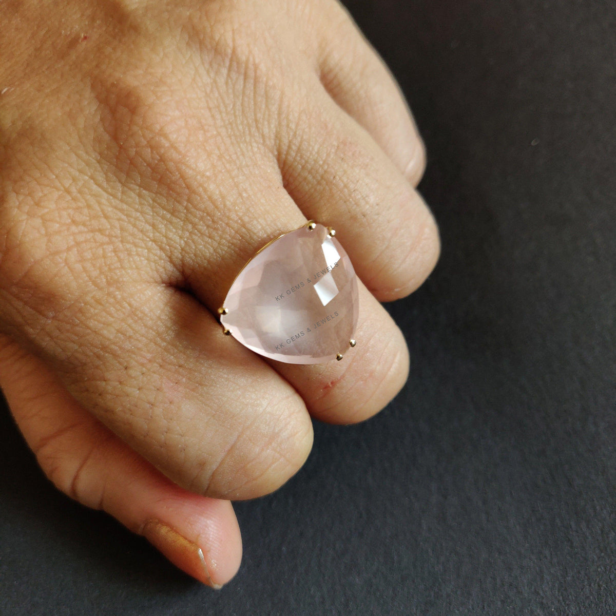 14K Solid Gold Natural Rose Quartz Ring: Trillion Gemstone, January Birthstone