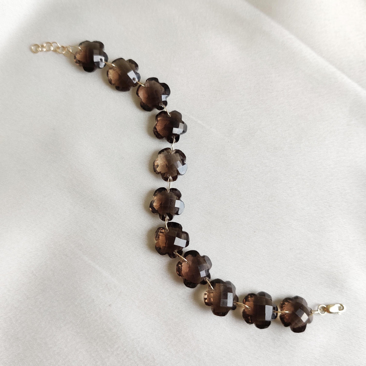 Natural Smoky Quartz Flower Drill Bracelet, 14K Solid Yellow Gold Valentine Gift