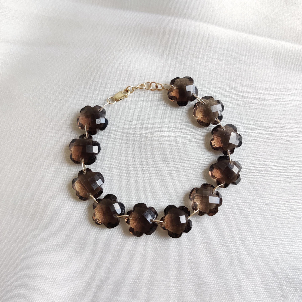 Natural Smoky Quartz Flower Drill Bracelet, 14K Solid Yellow Gold Valentine Gift