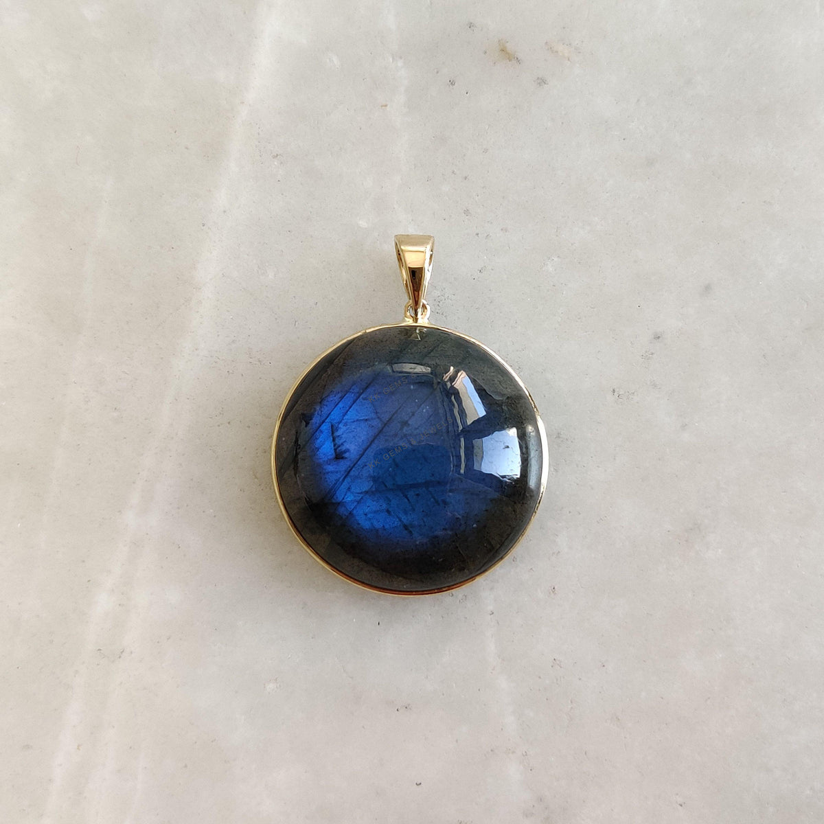 Natural Labradorite 14K Solid Gold Pendant, Round Bezel, November Birthstone
