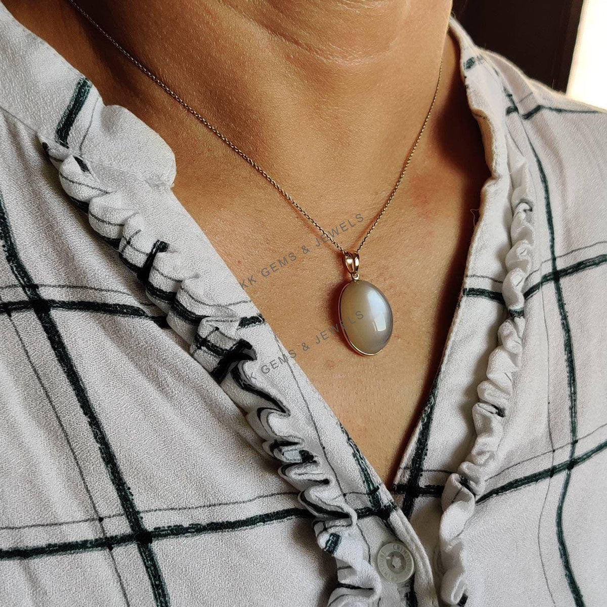 14K Solid Yellow Gold Natural White Moonstone Bezel Pendant - June Birthstone