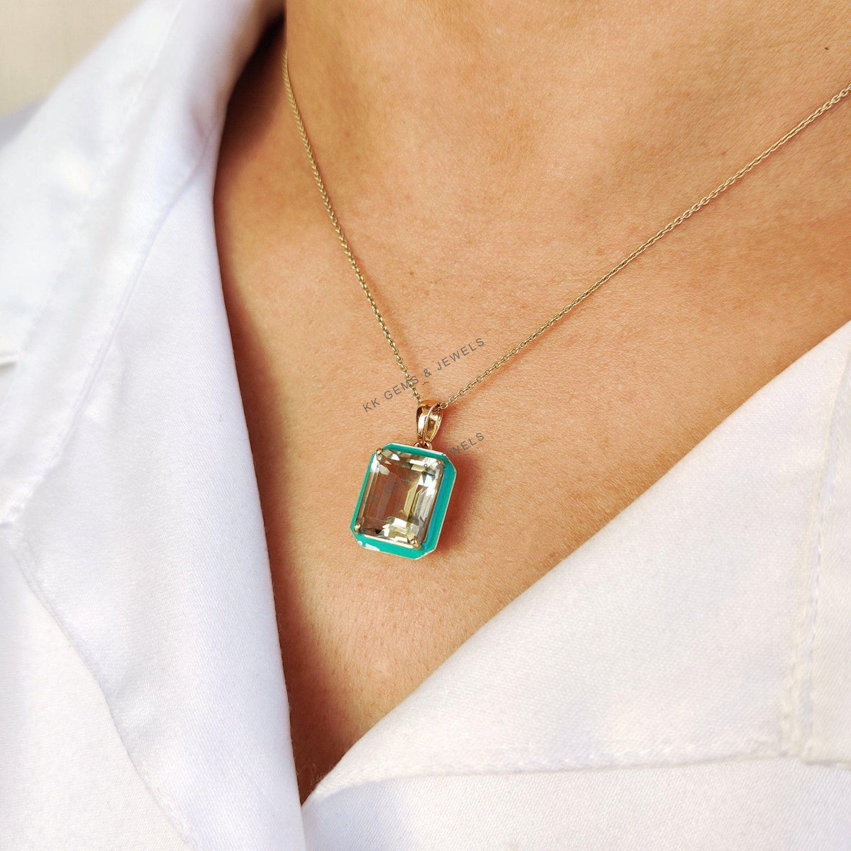 Natural Green Amethyst Enamel Pendant, 14K Solid Yellow Gold, February Birthstone