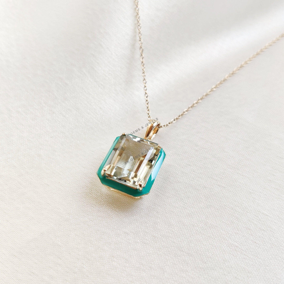 Natural Green Amethyst Enamel Pendant, 14K Solid Yellow Gold, February Birthstone