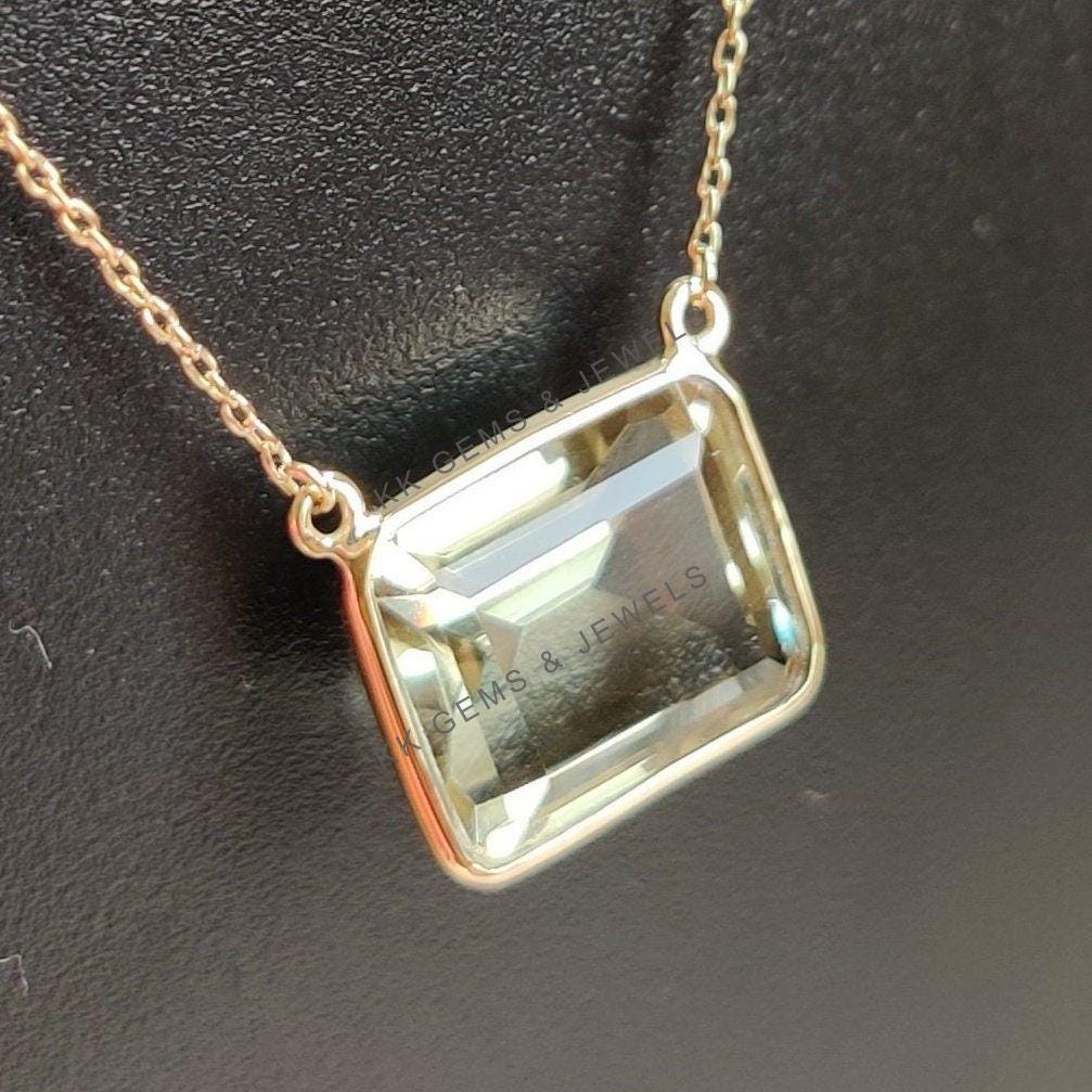 Natural Green Amethyst 14K Solid Yellow Gold Octagon Chain Bezel Necklace, February Birthstone