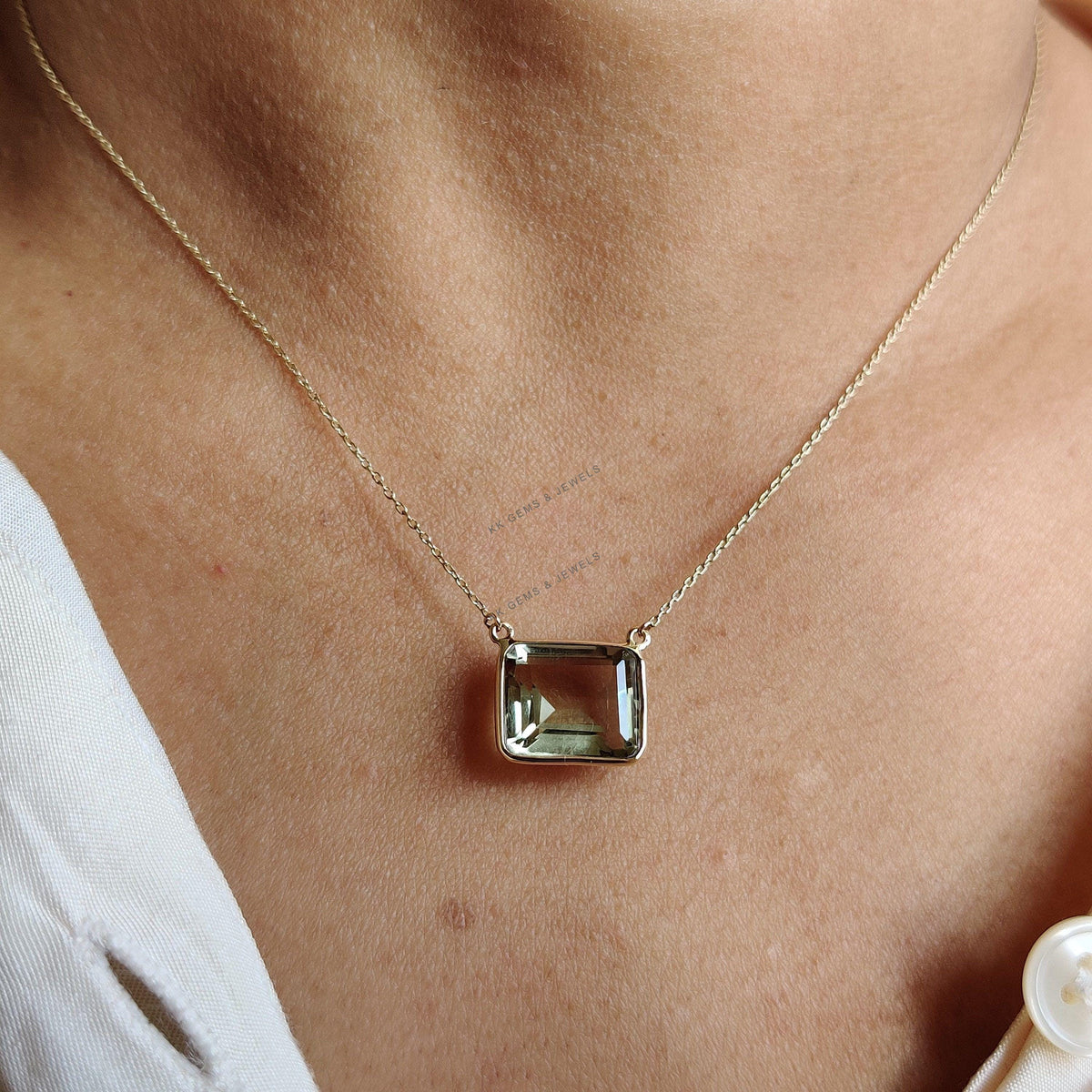 Natural Green Amethyst 14K Solid Yellow Gold Octagon Chain Bezel Necklace, February Birthstone