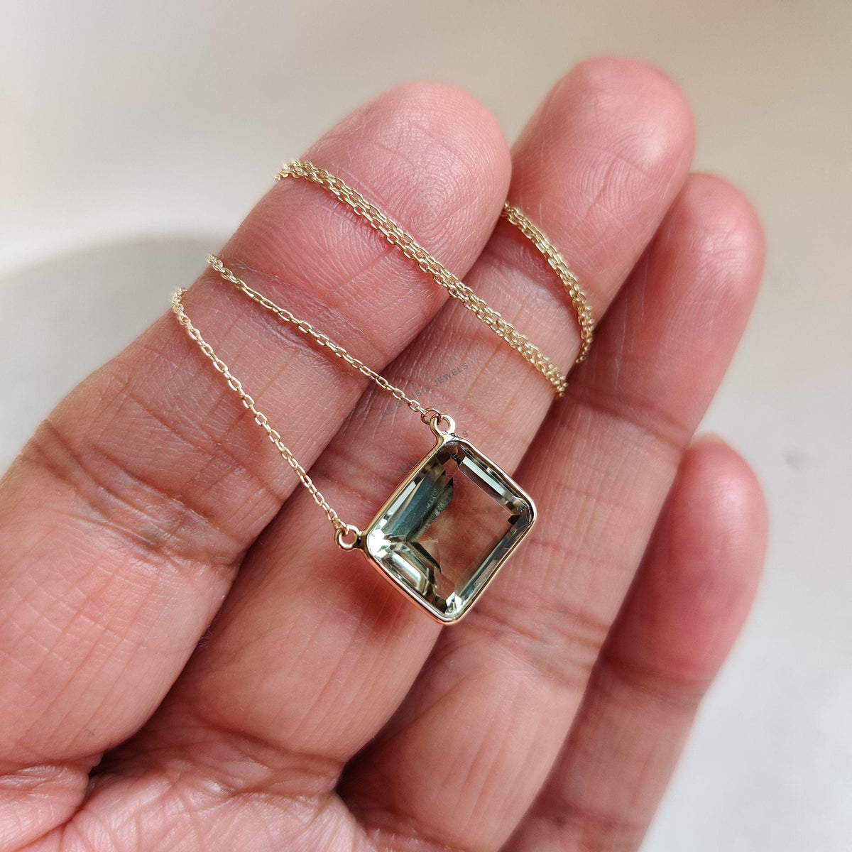 Natural Green Amethyst 14K Solid Yellow Gold Octagon Chain Bezel Necklace, February Birthstone