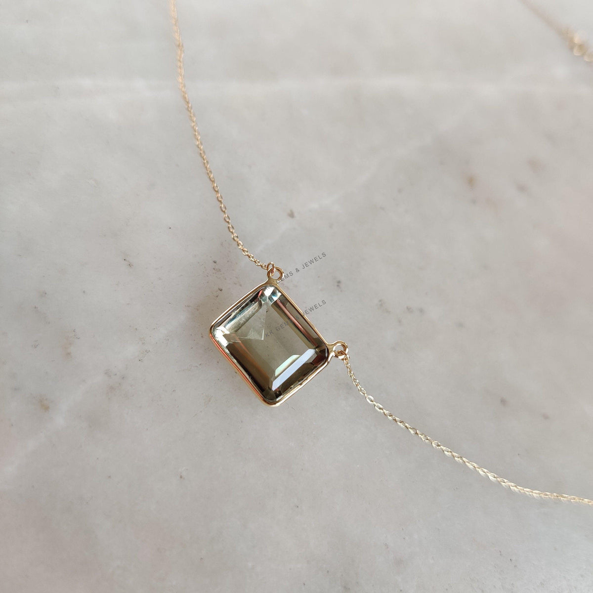 Natural Green Amethyst 14K Solid Yellow Gold Octagon Chain Bezel Necklace, February Birthstone