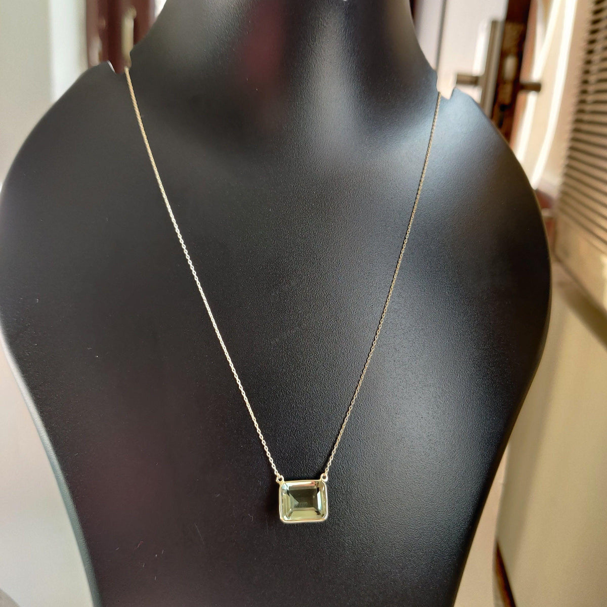 Natural Green Amethyst 14K Solid Yellow Gold Octagon Chain Bezel Necklace, February Birthstone