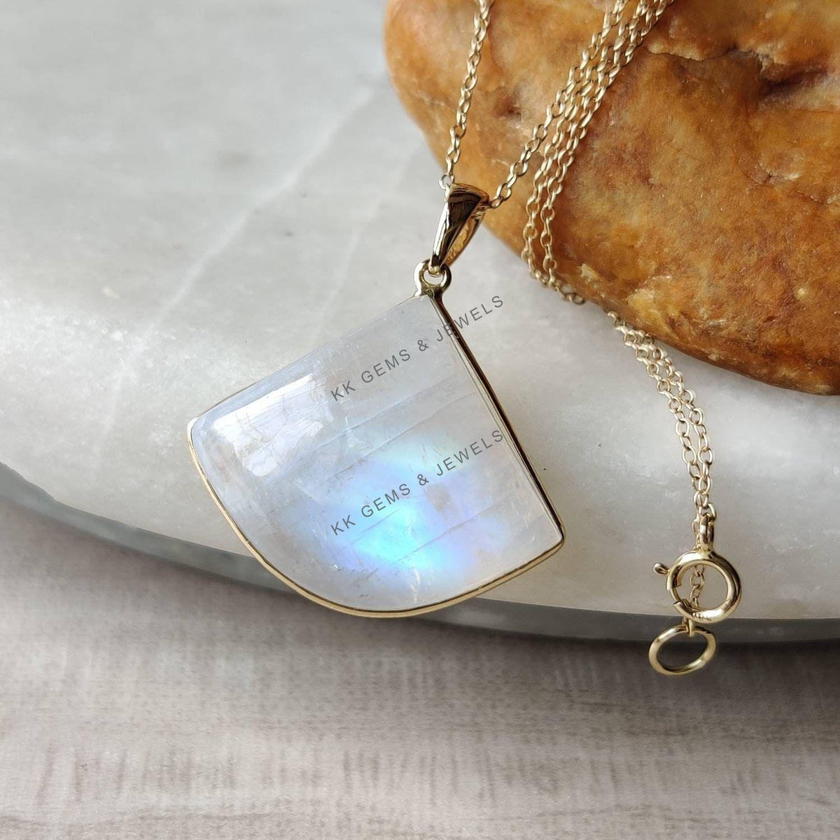 14K Solid Yellow Gold Natural Rainbow Moonstone Bezel Pendant - June Birthstone