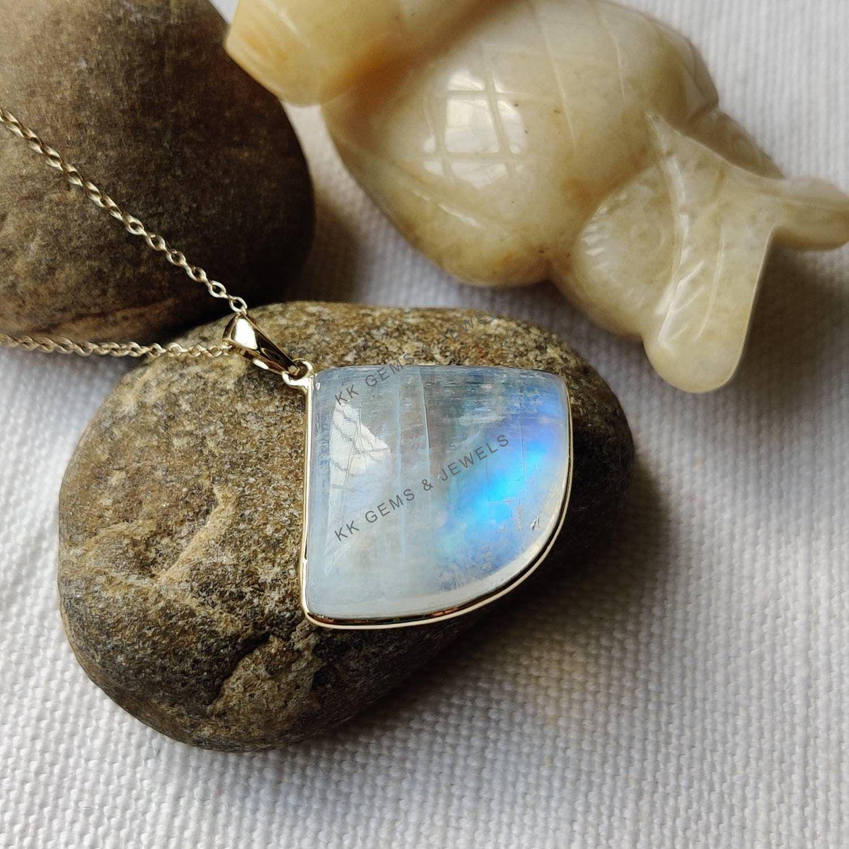 14K Solid Yellow Gold Natural Rainbow Moonstone Bezel Pendant - June Birthstone