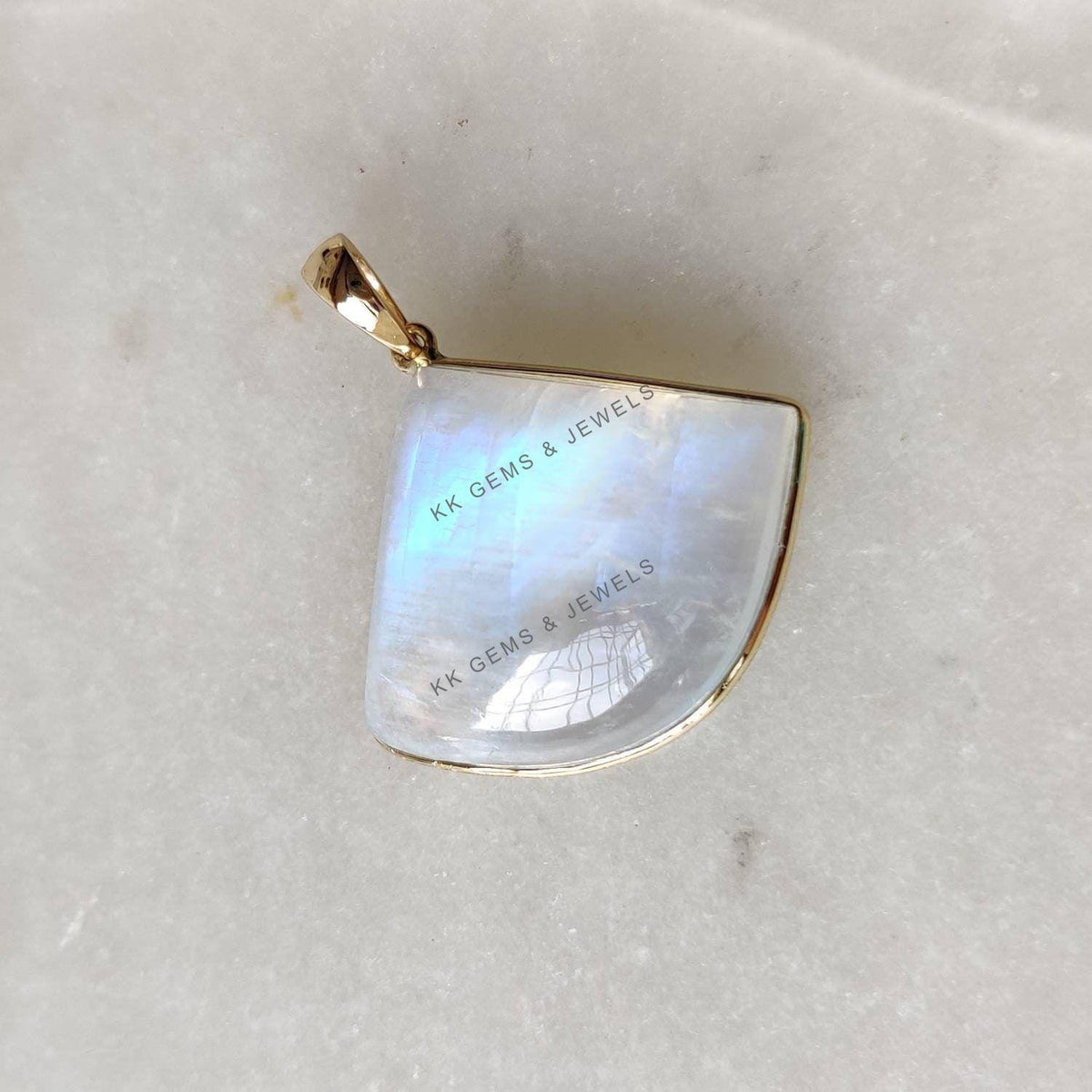 14K Solid Yellow Gold Natural Rainbow Moonstone Bezel Pendant - June Birthstone