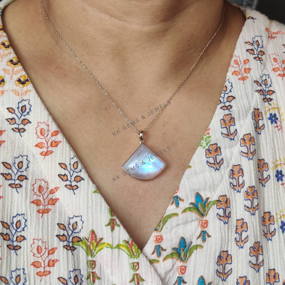 14K Solid Yellow Gold Natural Rainbow Moonstone Bezel Pendant - June Birthstone