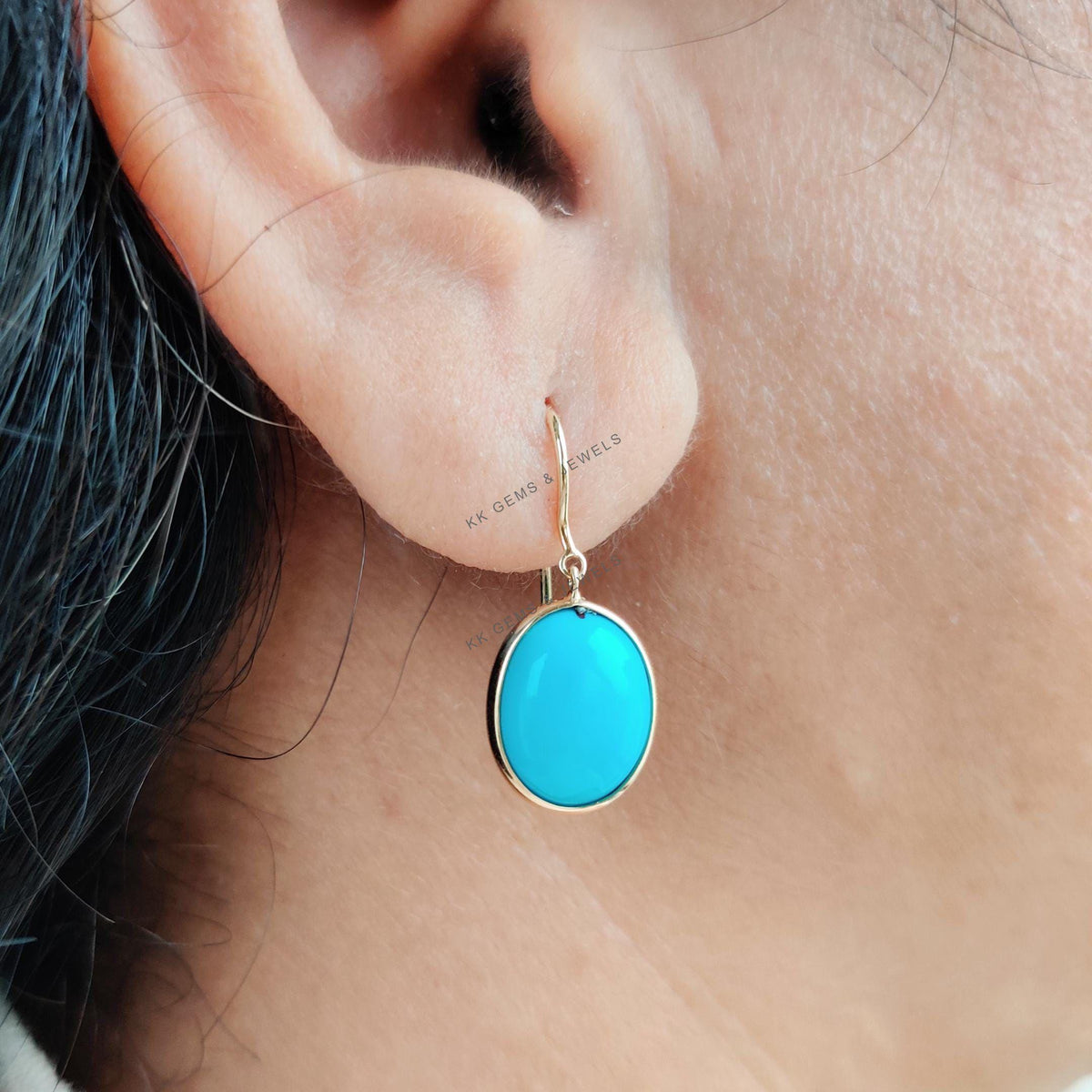 Natural Sleeping Beauty Turquoise Earrings, 14K Solid Yellow Gold, December Birthstone