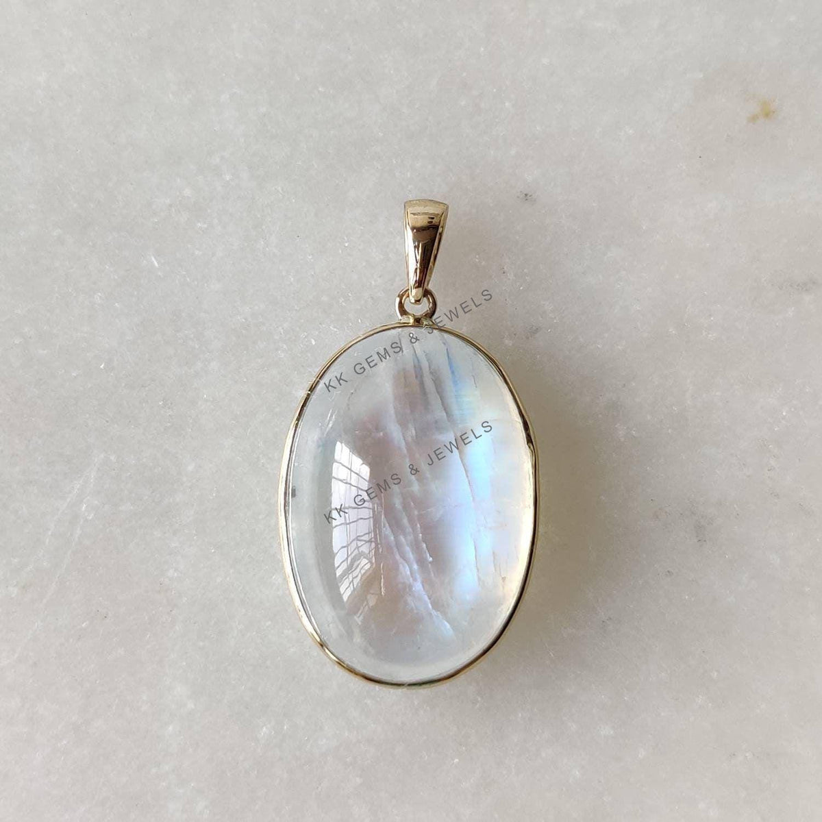 14K Solid Yellow Gold Natural Rainbow Moonstone Bezel Pendant, June Birthstone