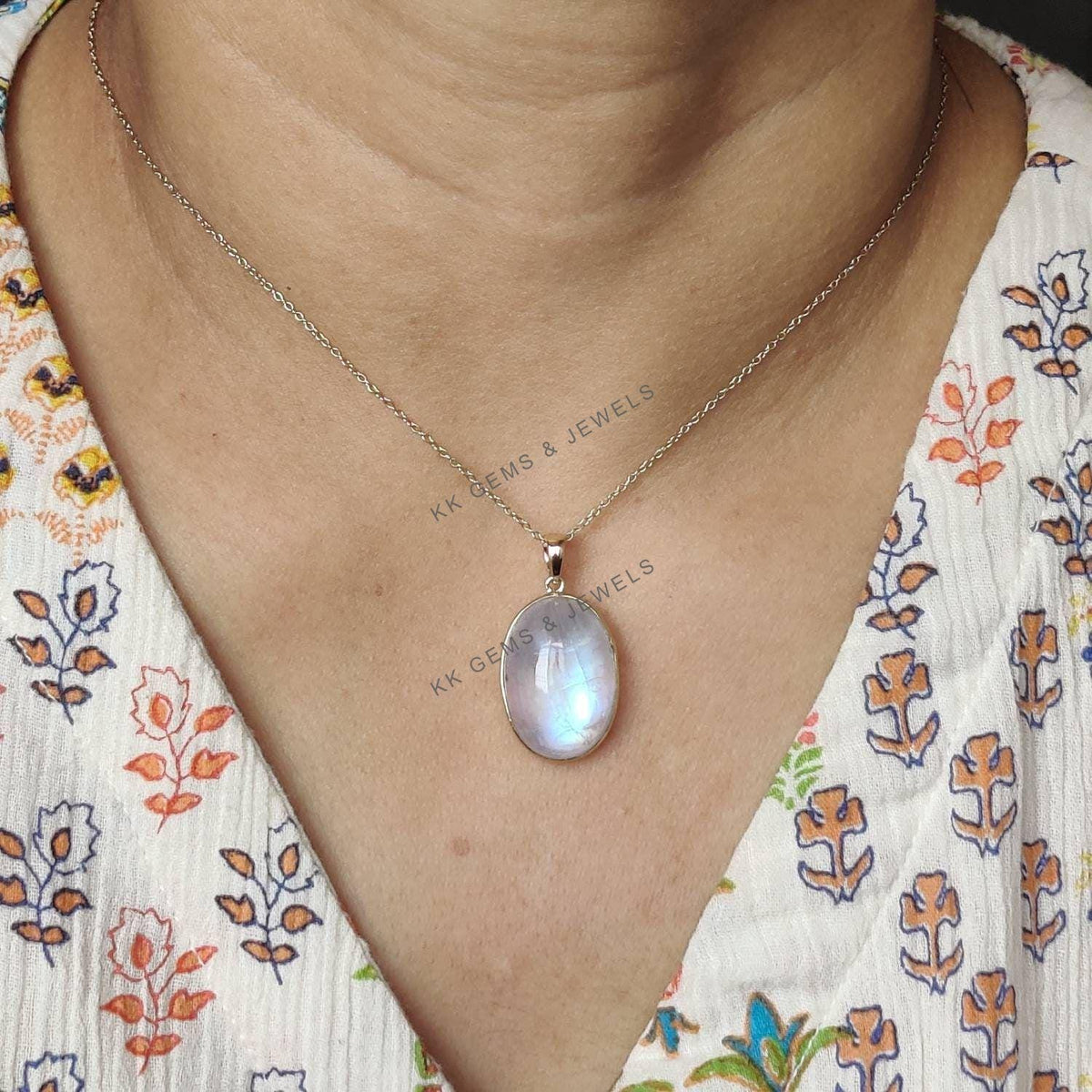 14K Solid Yellow Gold Natural Rainbow Moonstone Bezel Pendant, June Birthstone