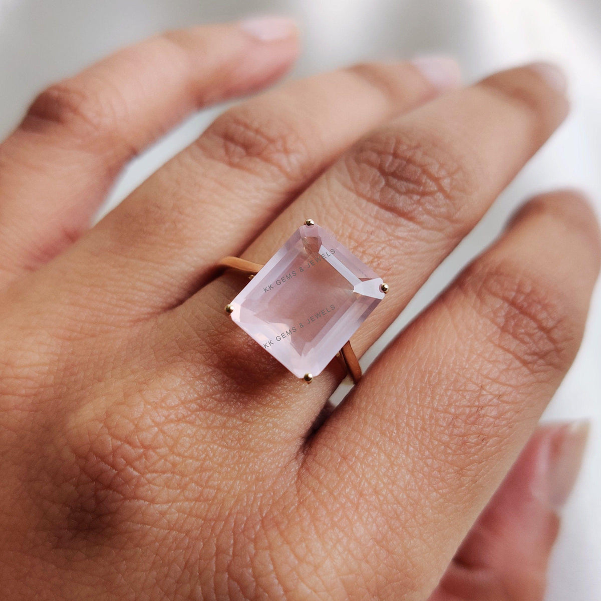 14K Solid Yellow Gold Natural Rose Quartz Ring, Octagon January Birthstone