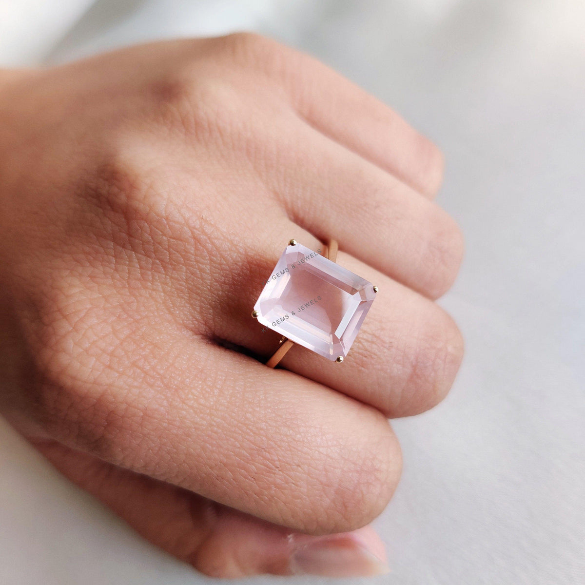 14K Solid Yellow Gold Natural Rose Quartz Ring, Octagon January Birthstone
