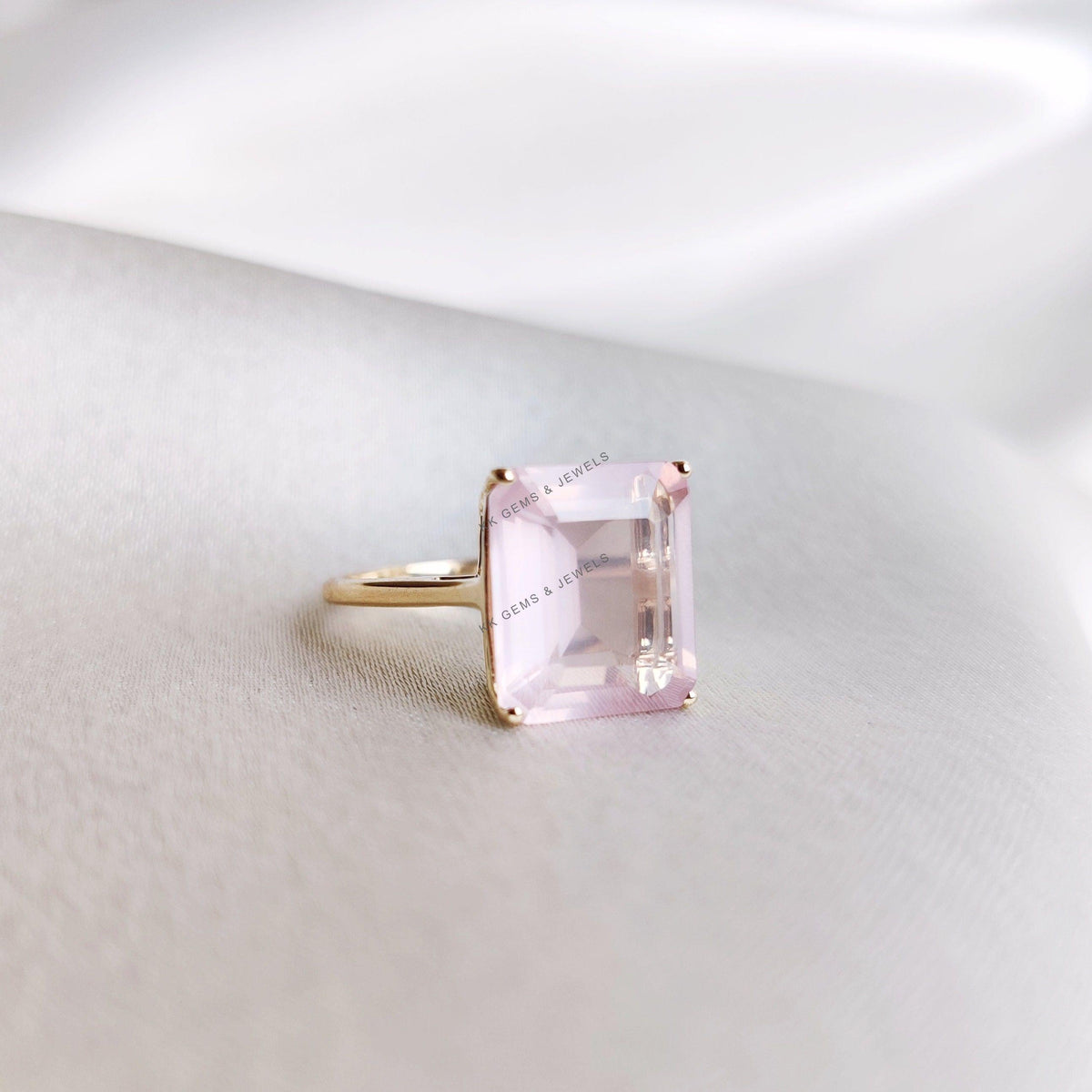 14K Solid Yellow Gold Natural Rose Quartz Ring, Octagon January Birthstone