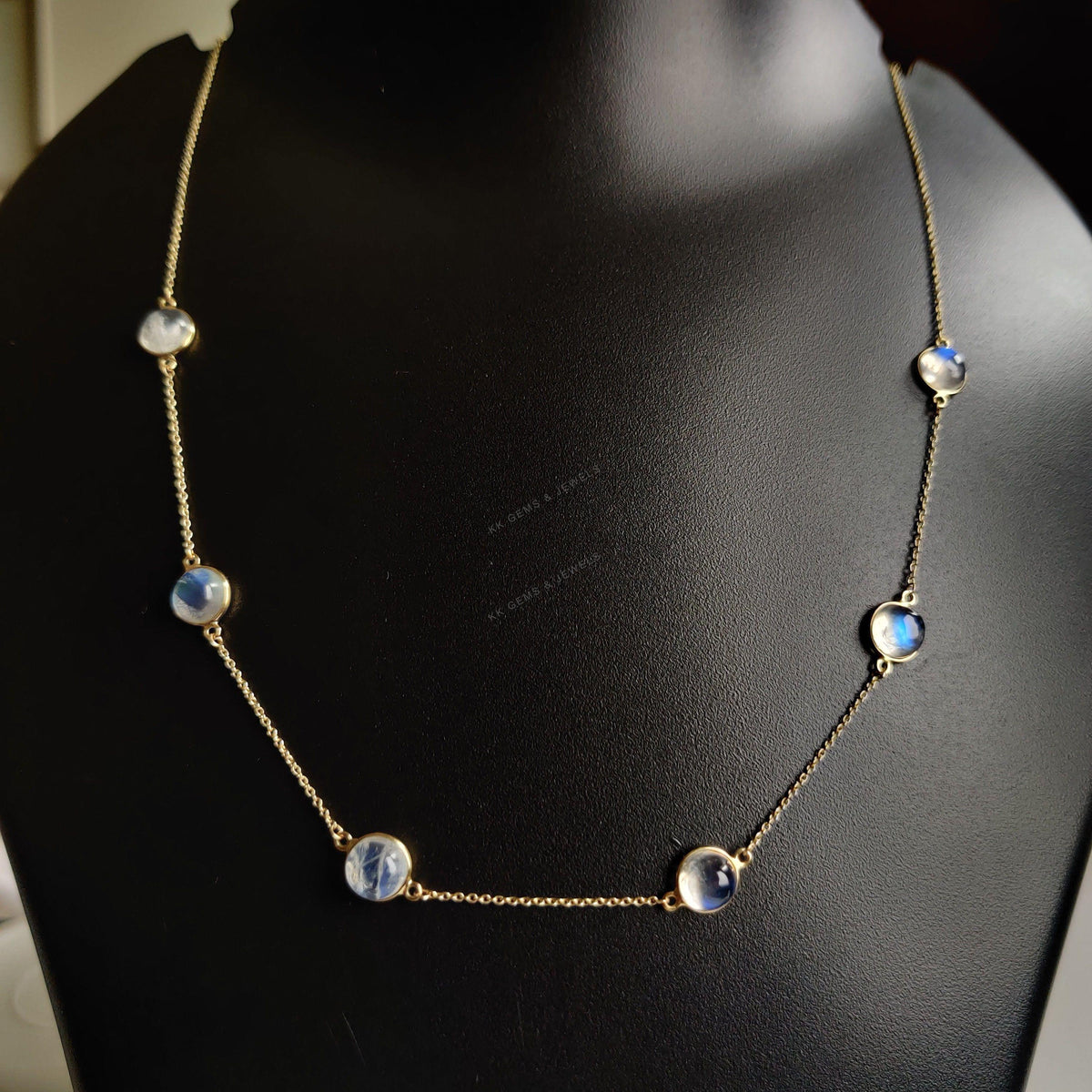 14K Solid Gold Natural Rainbow Moonstone Necklace, June Birthstone