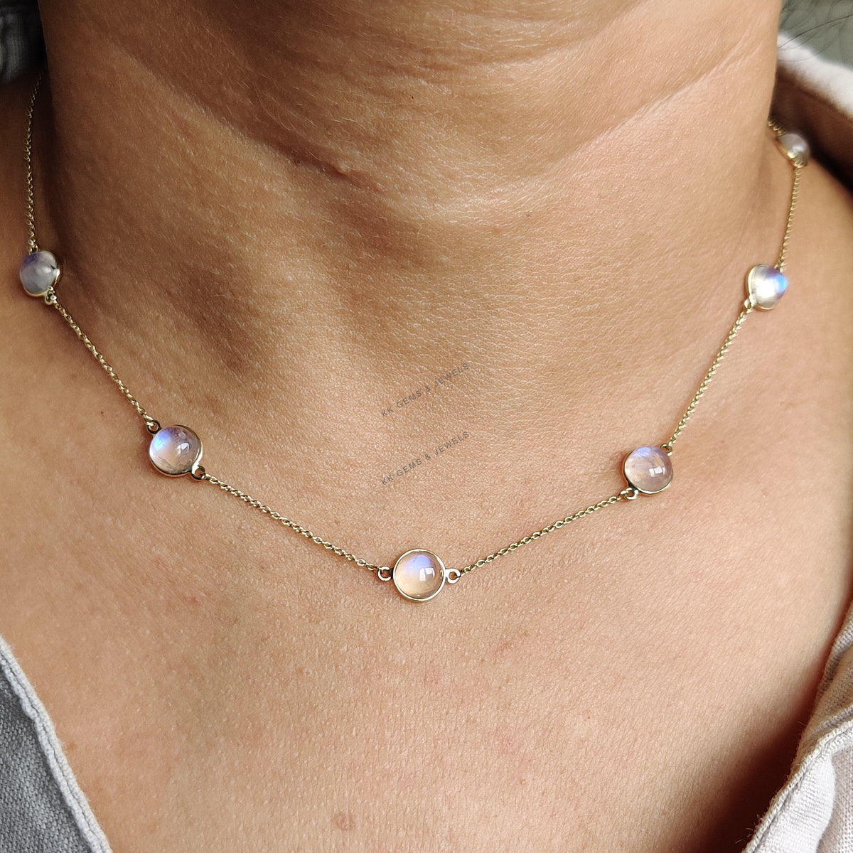 14K Solid Gold Natural Rainbow Moonstone Necklace, June Birthstone