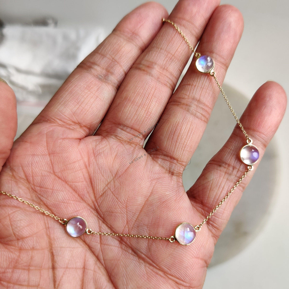 14K Solid Gold Natural Rainbow Moonstone Necklace, June Birthstone