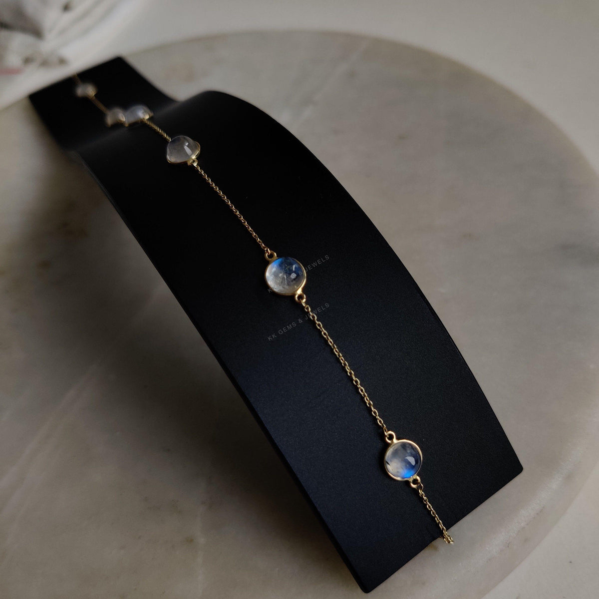 14K Solid Gold Natural Rainbow Moonstone Necklace, June Birthstone