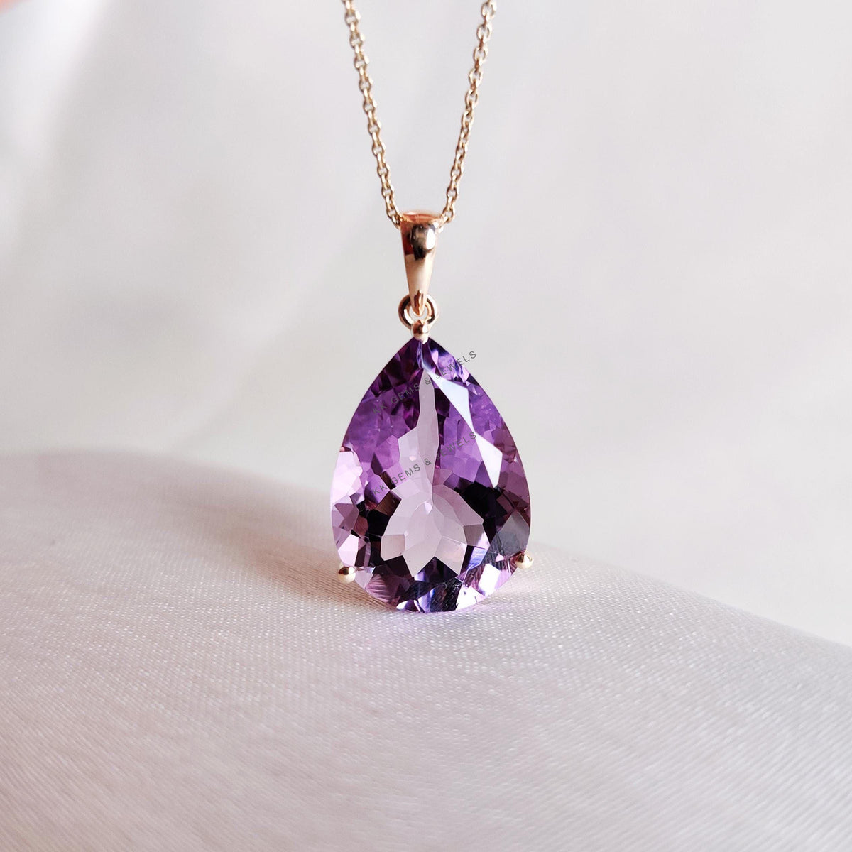 14K Solid Gold Pear Natural Purple Amethyst Pendant, February Birthstone Jewelry